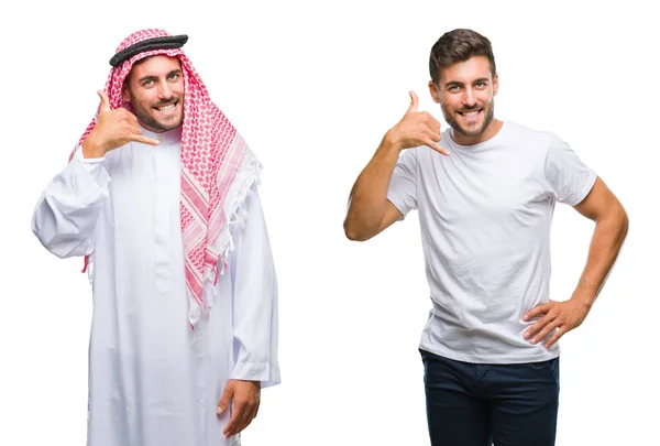 ハンサムな若い男と笑ってやって孤立の背景上のアラブ人のコラージュ手と電話で話しているように指でジェスチャーを電話 通信の概念 — ストック写真