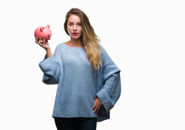 Young Beautiful Blonde Woman Holding Piggy Bank Isolated Background Scared — Stock Photo, Image