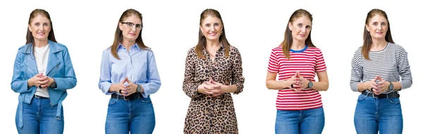 Collage Vackra Medelålders Kvinna Över Isolerade Bakgrund Händerna Tillsammans Och — Stockfoto