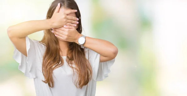 Young Beautiful Brunette Business Woman Isolated Background Covering Eyes Mouth — Stock Photo, Image