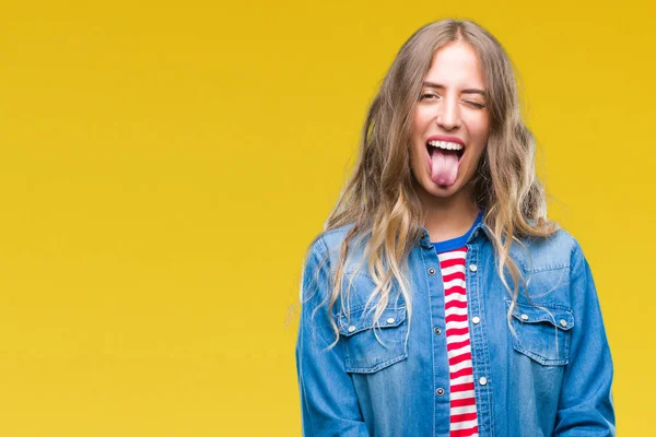 Beautiful Young Blonde Woman Isolated Background Sticking Tongue Out Happy — Stock Photo, Image