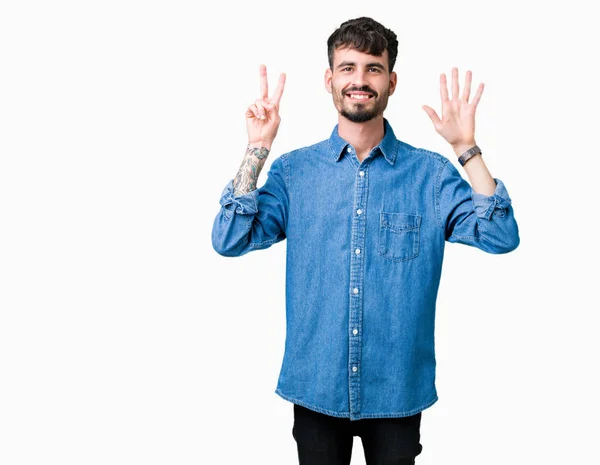 Young Handsome Man Isolated Background Showing Pointing Fingers Number Seven — Stock Photo, Image