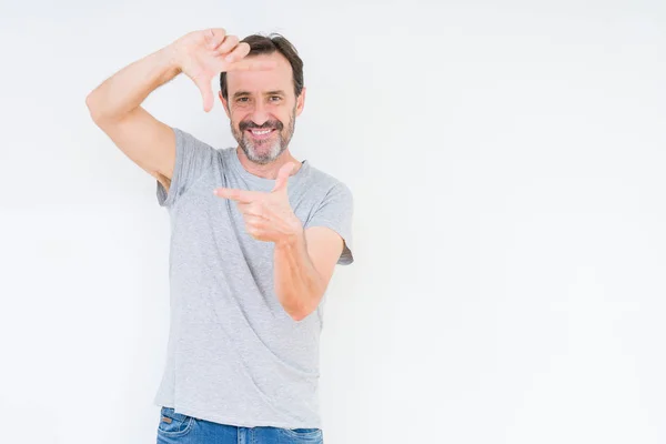 Handsome Senior Man Isolated Background Smiling Making Frame Hands Fingers — Stock Photo, Image