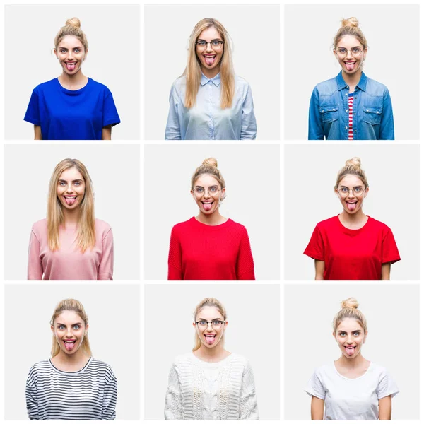 Collage Van Jonge Mooie Blonde Vrouw Witte Geïsoleerde Achtergrond Steken — Stockfoto