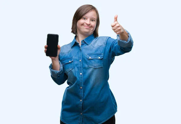 Young Adult Woman Syndrome Showing Smartphone Screen Isolated Background Happy — Stock Photo, Image