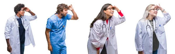 Collage Grupo Médicos Enfermeras Cirujanos Sobre Fondo Aislado Muy Feliz —  Fotos de Stock