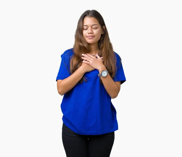 Jonge Mooie Brunette Vrouw Blauw Shirt Dragen Geïsoleerde Achtergrond Glimlachend — Stockfoto