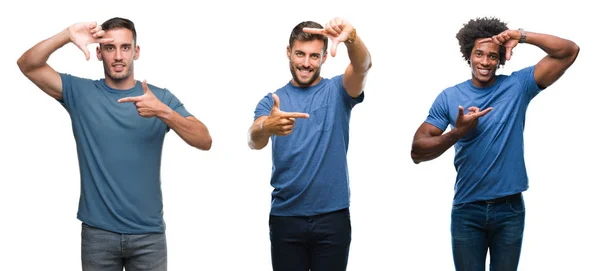 ヒスパニック系と笑顔と幸せそうな顔で指手作りフレーム分離の背景の上のアフリカ系アメリカ人の男性のグループのコラージュ 創造性と写真のコンセプト — ストック写真