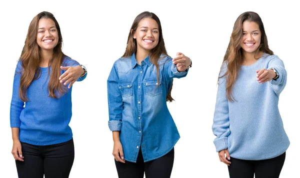 Collage Smuk Ung Kvinde Isoleret Baggrund Smilende Venlige Tilbyder Håndtryk - Stock-foto
