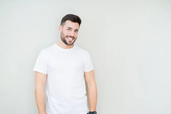 Homem Bonito Jovem Vestindo Casual Shirt Branca Sobre Fundo Isolado — Fotografia de Stock