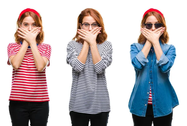 Collage Van Jonge Mooie Roodharige Vrouw Geïsoleerde Achtergrond Geschokt Mond — Stockfoto