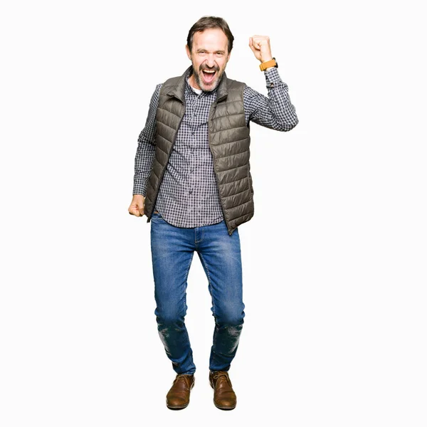 Middle Age Handsome Man Wearing Winter Vest Dancing Happy Cheerful — Stock Photo, Image