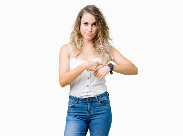 Beautiful Young Blonde Woman Isolated Background Hurry Pointing Watch Time — Stock Photo, Image