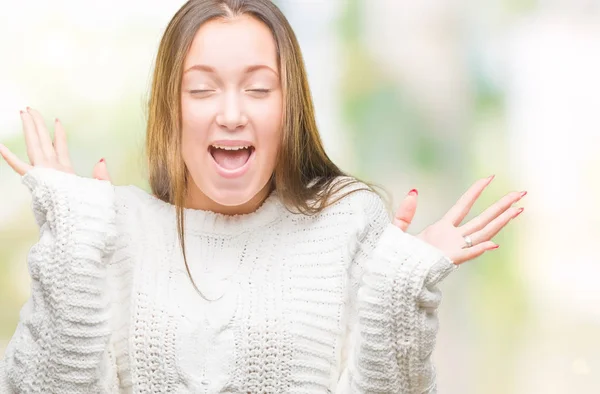 Mooie Kaukasische Jongedame Winter Trui Dragen Geïsoleerd Achtergrond Vieren Gekke — Stockfoto