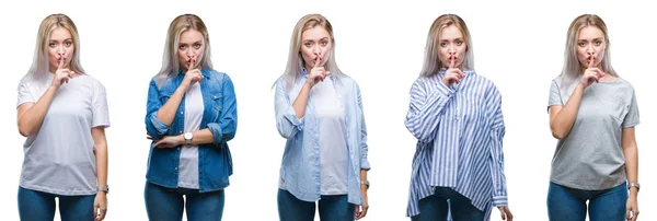 Collage Van Mooie Blonde Jonge Vrouw Geïsoleerde Achtergrond Vragen Stil — Stockfoto