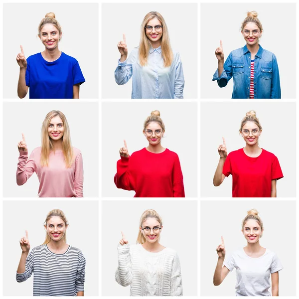 Collage Unga Vackra Blonda Kvinnan Över Vit Isolerade Bakgrund Visar — Stockfoto