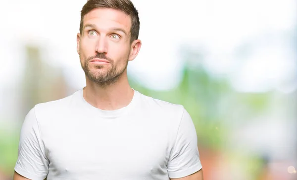 Handsome Man Wearing Casual White Shirt Smiling Looking Side Staring — Stock Photo, Image