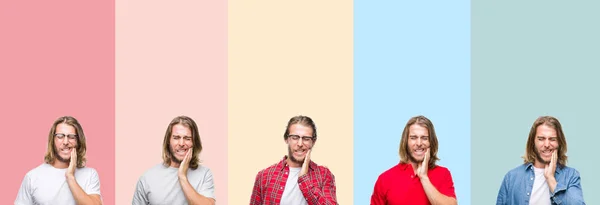 Collage Giovane Bell Uomo Strisce Colorate Sfondo Isolato Toccare Bocca — Foto Stock