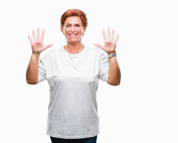 Atrractive Senior Caucasian Redhead Woman Isolated Background Showing Pointing Fingers — Stock Photo, Image