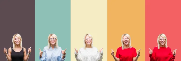 Collage Von Schönen Blonden Frau Über Vintage Isolierten Hintergrund Erfolgszeichen — Stockfoto