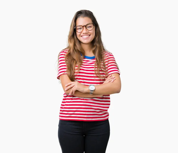 Joven Mujer Morena Hermosa Con Gafas Rayas Camiseta Sobre Fondo — Foto de Stock