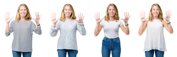 Collage Hermosa Mujer Rubia Sobre Fondo Blanco Aislado Mostrando Apuntando — Foto de Stock