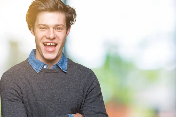 Homem Elegante Bonito Jovem Sobre Fundo Isolado Rosto Feliz Sorrindo — Fotografia de Stock