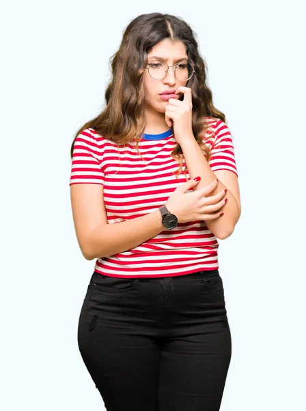 Young Beautiful Woman Wearing Glasses Looking Stressed Nervous Hands Mouth — Stock Photo, Image