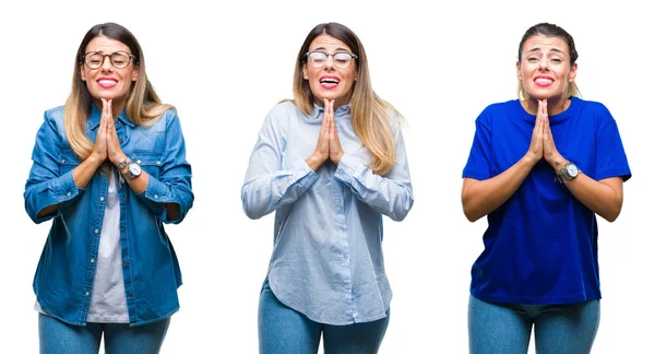 Коллаж Молодой Красивой Женщины Очках Изолированном Фоне Попрошайничает Молится Руками — стоковое фото
