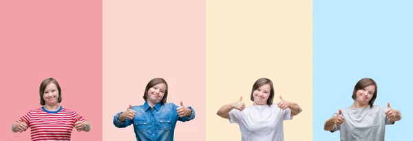 Collage Downs Syndrom Kvinna Över Färgglada Ränder Isolerade Bakgrund Framgång — Stockfoto