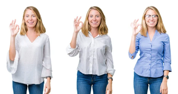 Colagem Bela Mulher Negócios Loira Sobre Fundo Isolado Branco Sorrindo — Fotografia de Stock