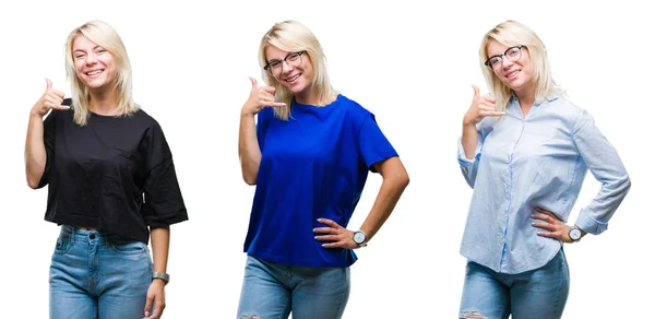 Collage Vacker Blond Kvinna Över Isolerade Bakgrund Leende Gör Telefon — Stockfoto