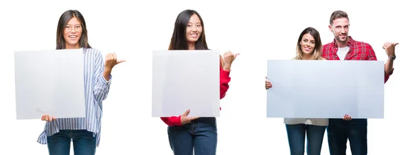 Collage Chinese Hispanish People Holding Banner Isolated Background Pointing Showing — Stock Photo, Image