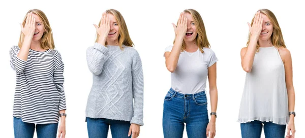 Colagem Bela Mulher Loira Sobre Fundo Isolado Branco Cobrindo Olho — Fotografia de Stock