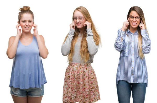 Collage Gruppen Blonda Kvinnor Över Isolerade Bakgrund Som Täcker Öronen — Stockfoto