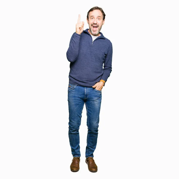 Middle Age Handsome Man Wearing Sweater Pointing Finger Successful Idea — Stock Photo, Image