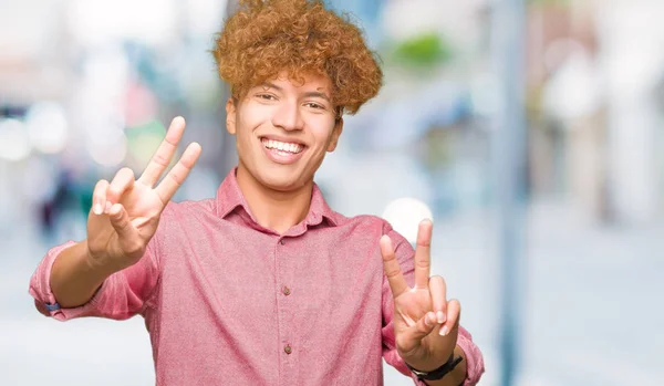 Young Handsome Business Man Afro Hair Smiling Looking Camera Showing — Stock Photo, Image