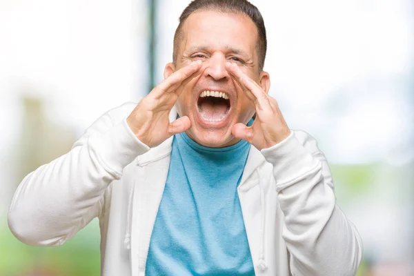 Meia Idade Árabe Homem Vestindo Sweatshirt Sobre Isolado Fundo Gritando — Fotografia de Stock