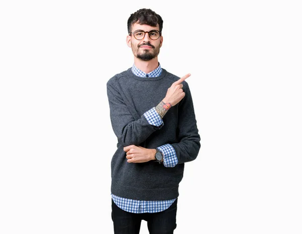 Young Handsome Smart Man Wearing Glasses Isolated Background Pointing Hand — Stock Photo, Image