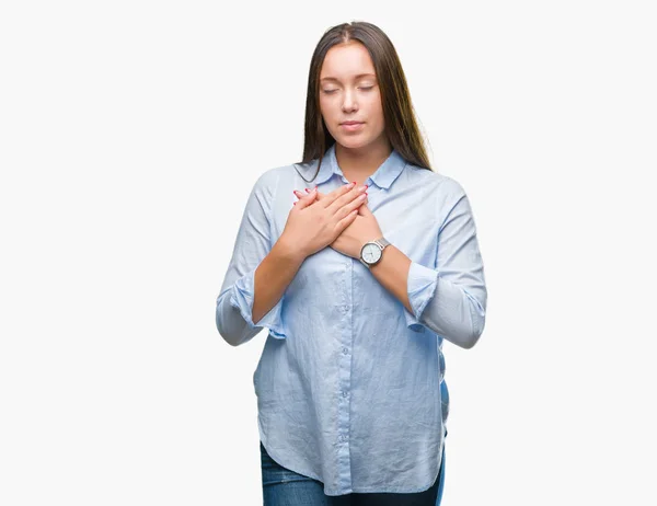 Young Caucasian Beautiful Woman Isolated Background Smiling Hands Chest Closed — Stock Photo, Image