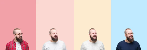 Colagem Jovem Com Barba Sobre Listras Coloridas Fundo Isolado Olhando — Fotografia de Stock