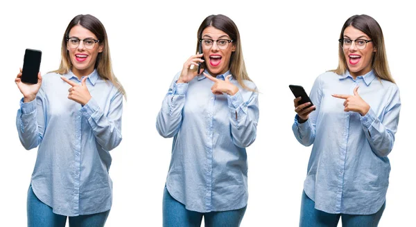 Collage Einer Jungen Schönen Geschäftsfrau Mit Smartphone Vor Isoliertem Hintergrund — Stockfoto