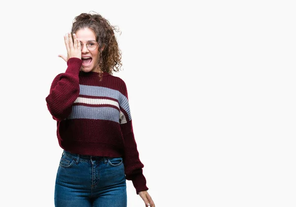 Beautiful Brunette Curly Hair Young Girl Wearing Glasses Isolated Background — Stock Photo, Image