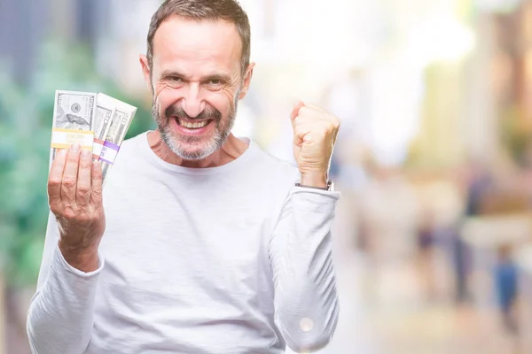 Senior Hoary Man Holding Buch Dólares Sobre Aislado Fondo Gritando —  Fotos de Stock