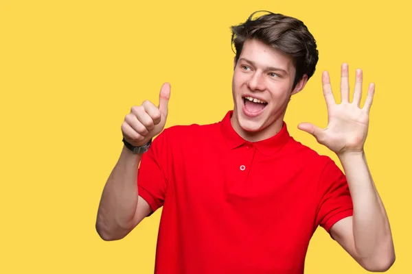 Young Handsome Man Wearing Red Shirt Isolated Background Showing Pointing — Stock Photo, Image