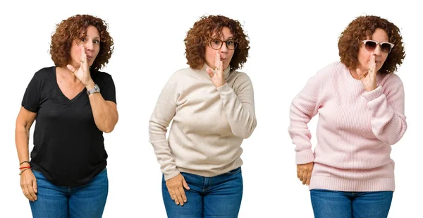 Collage Medelåldern Senior Kvinna Över Vit Isolerade Bakgrund Handen Munnen — Stockfoto