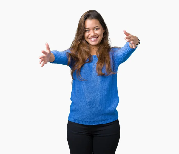 Jonge Mooie Brunette Vrouw Blauwe Trui Dragen Geïsoleerde Achtergrond Kijken — Stockfoto