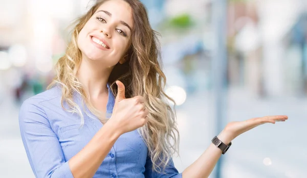 Beautiful Young Blonde Business Woman Isolated Background Showing Palm Hand — Stock Photo, Image