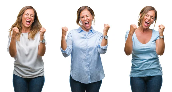 中年ヒスパニック女性非常に幸せと興奮の腕を上げ 勝者のジェスチャを行う分離の背景に笑みを浮かべて 成功のために叫んでのコラージュ お祝いのコンセプト — ストック写真