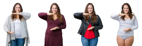 Collage Einer Schönen Size Frau Vor Isoliertem Hintergrund Die Mit — Stockfoto